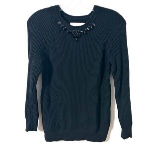 Ann Taylor LOFT Black Ribbed Knit Sweater Crew Neck Beaded Accent Long Sleeves